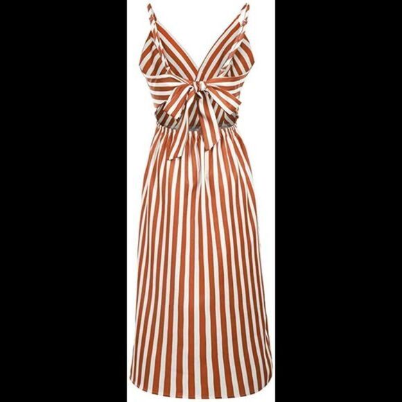 Bodycon Backless Button Down Spaghetti V Neck Stripe Midi Dress - Picture 3 of 5
